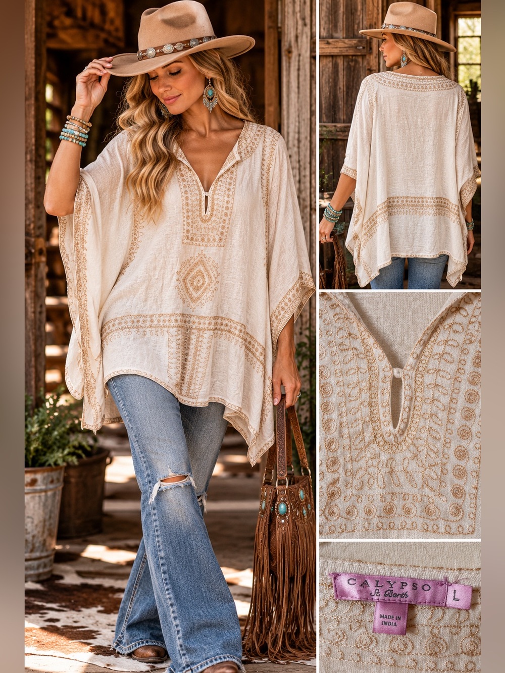 Calypso St. Barth Embroidered Boho Tunic Top Size L Cream Gold